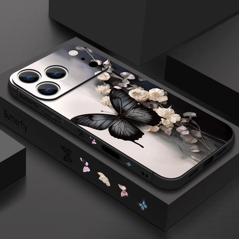 Wrist Strap Lanyard TPU Phone Case For iPhone 17 16 15 Pro Max 13 14 Pro Max 17e 16e 11 Black Butterfly Soft Silicone Back Cover