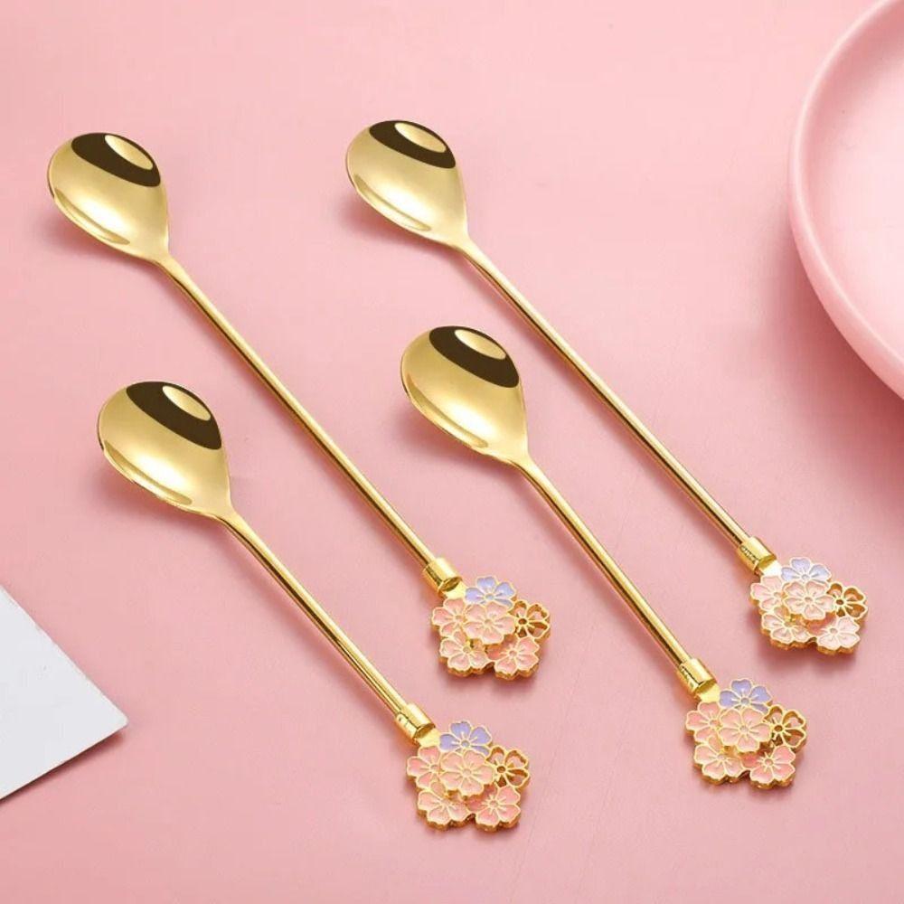 Long Handle Espresso Spoon Cherry Blossoms Ice Spoon Christmas Gifts Tea Spoon  Cocktail