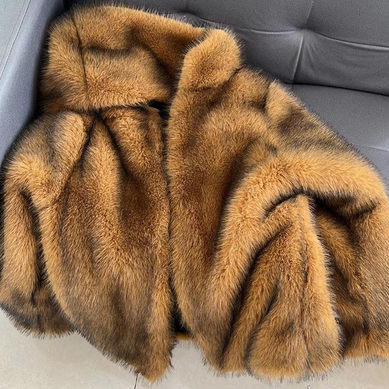 Women's Hooded Faux Fur Coat Mid-Length Warm Winter Outerwear Brown