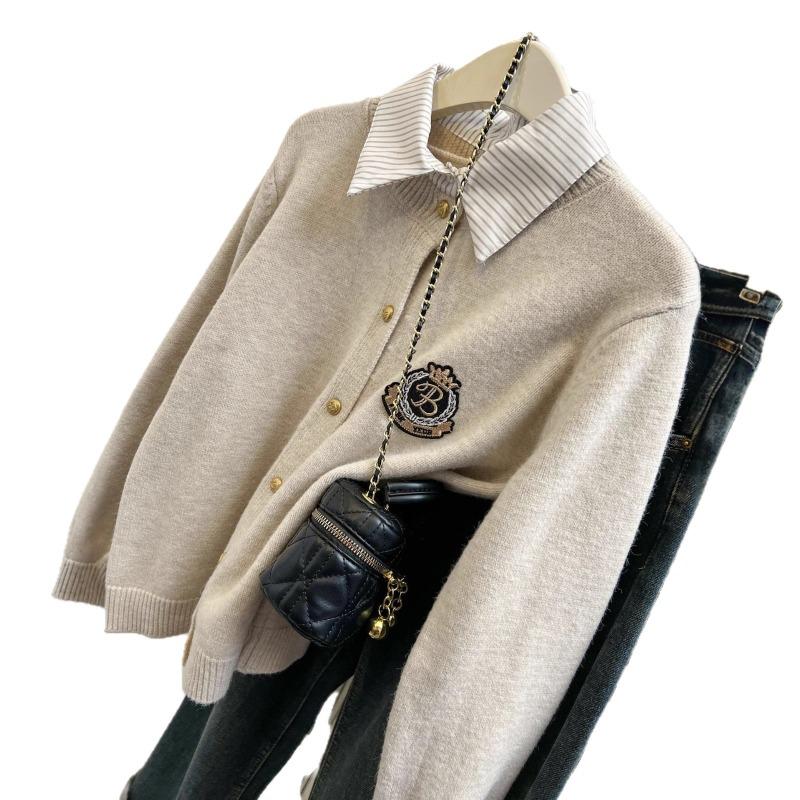

Fake Two-piece Sweater Cardigan Coat for Women Autumn and Winter Small Preppy Style Shirt Collar Gray Sweater Top Fashionable Onesize білий