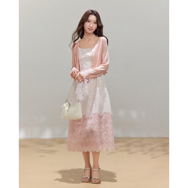 IEF French Floral Sling Dress & Cardigan Set