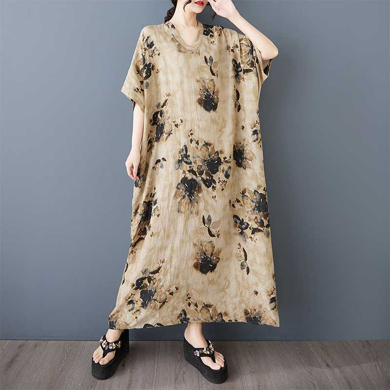 

Летнее платье с V-образным вырезом в стиле ретро из хлопка и льна One Size