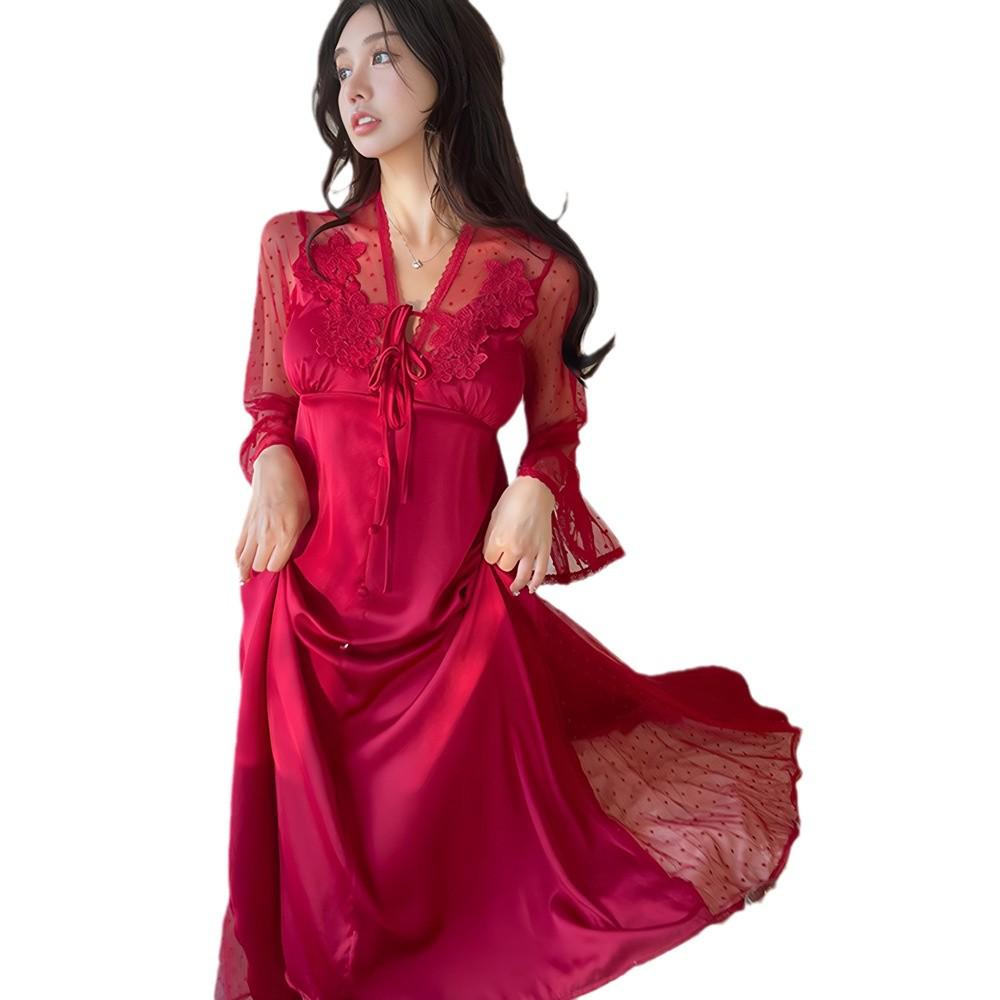 Women's Hot Summer Ice Silk Mesh Backless Nightdress - Long, Thin, and Long-Sleeved