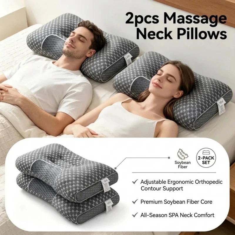 Grey Soybean Fiber Cervical Pillow 2Pcs Ergonomic Neck Support Cushion Relieve Neck Discomfort for Home Use