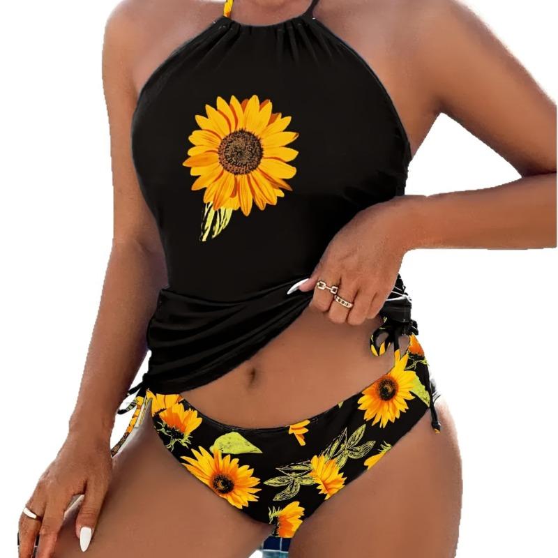 2026 Swimsuit New Neck Split Printed High Waist Bikini Drawstring To Cover Belly Sunflower Thin Split Swimsuit
