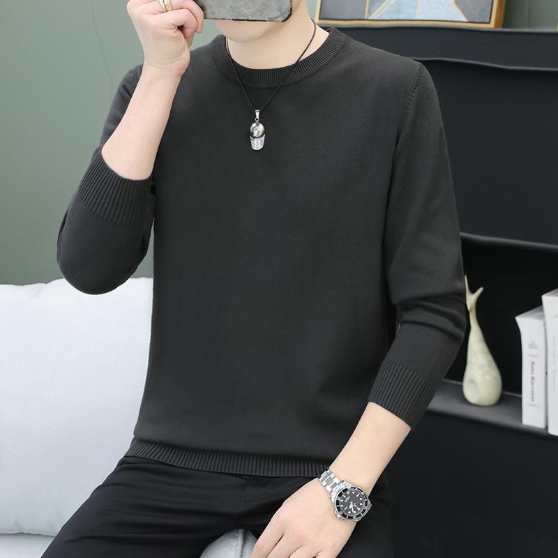 Men’s Solid Color Round Neck Pullover Sweater - Simple, Versatile Long Sleeve T-Shirt Style