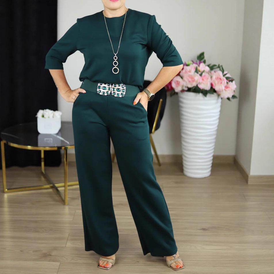 Women's 3-Piece Pure Color Loungewear Set: Round Neck Long Sleeve Top, Belted Comfortable Pants. Perfect for European & American Styles.