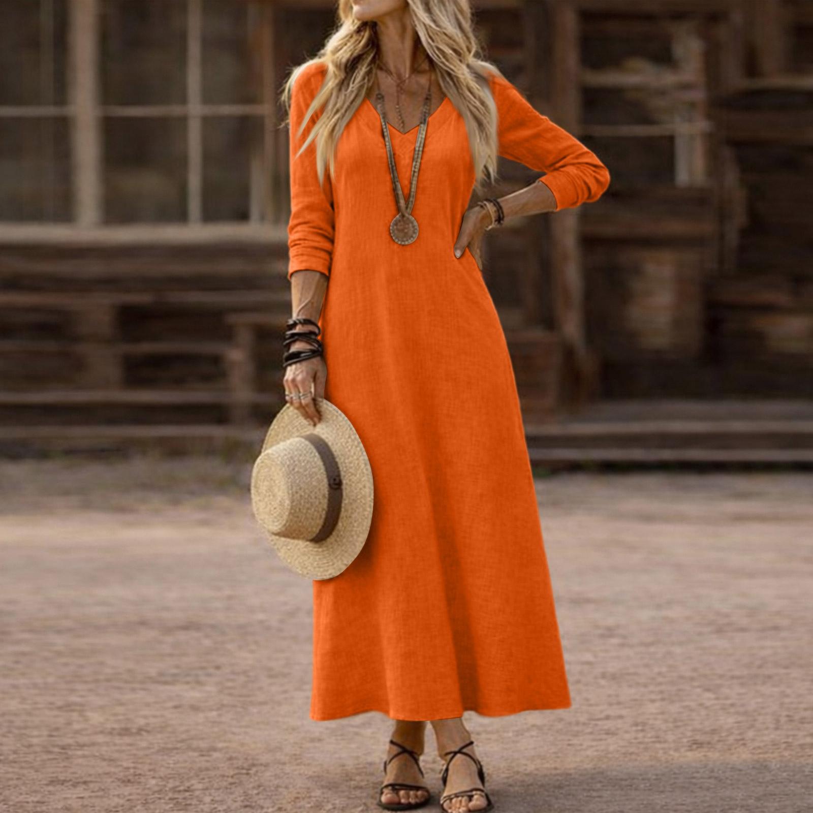 

Long Sleeve Maxi Dress for Women Loose Fit Casual Style vestidos de mujer V Neck Dresses for Women 2026 Comfortable Daily Wear S оранжевый