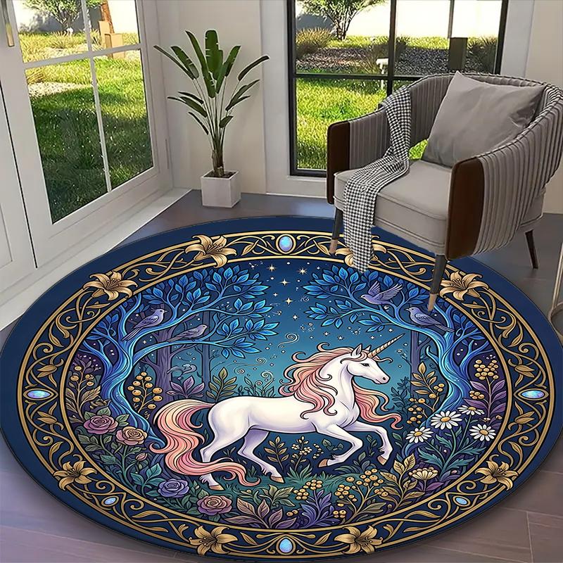 1pc Sapphire Night Unicorn Printed Chair Rug for Home Office Use, Living Room Kitchen Game Room Round Carpet