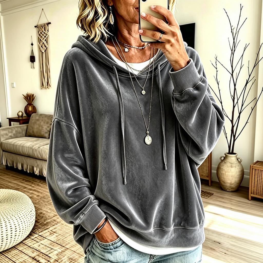 Women's Velvet Hooded Sweatshirt Casual Color for Fall Winter
