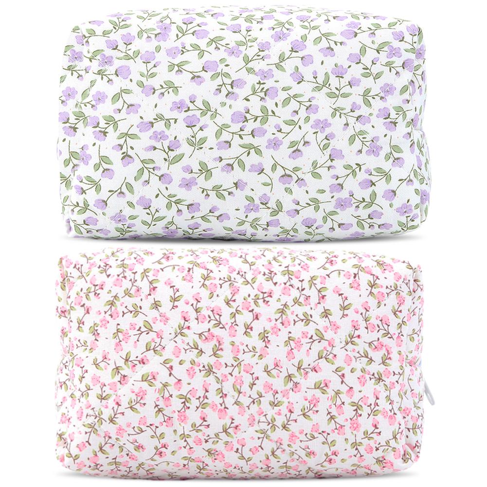2PCS Cute Travel Toiletry Bag Large Capacity Cotton Makeup Brushes Storage Bag Quilted Makeup Bag with Zips for Women