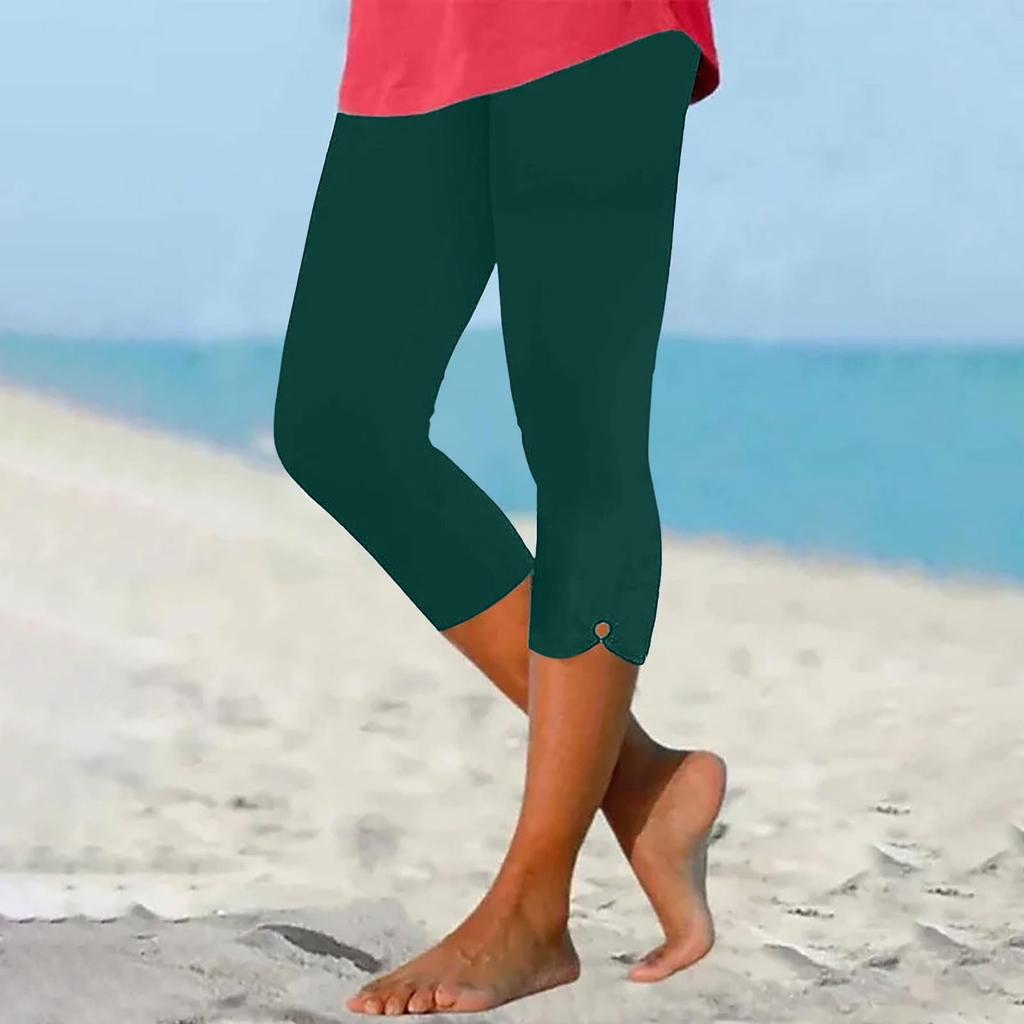 Women's Casual Comfortable Stretch High-Waist Elastic Cropped Pants, Vacation Beach Leggings