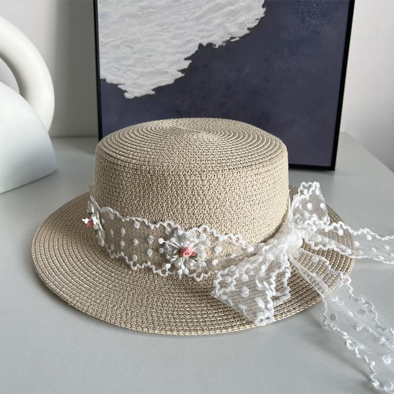 

Летний пляжный отпуск шляпа от солнца французское кружево бант шляпа с плоским верхом женская дорожная широкополая соломенная шляпа