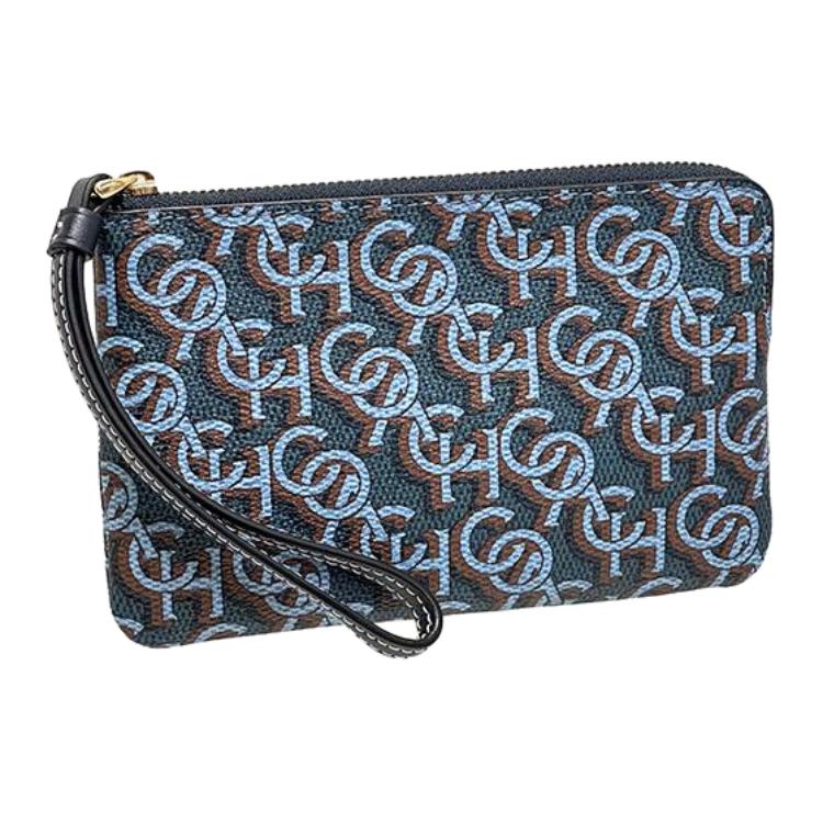 New COACH Corner Zip Canvas With Leather Wrist Bag Clutch Small Women's Marine Blue CF548-IMNAV