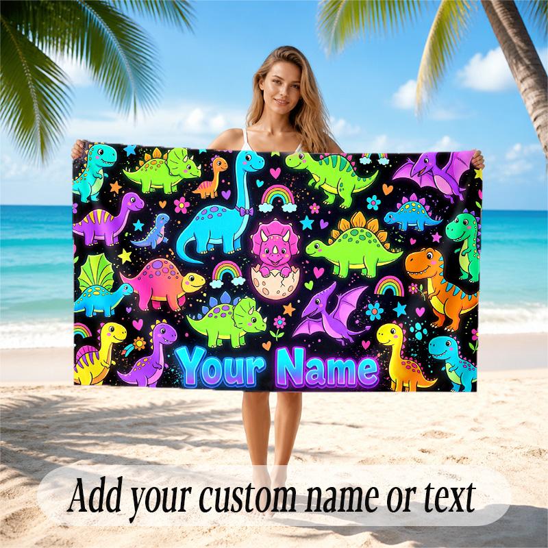 Dinosaur Theme Quick Dry Beach Towel Custom Name Text Print Large Sand Resistant Towel Beach Vacation