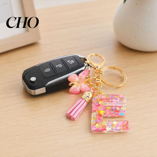 Pocket Keychain Pink Series Pendant, Sequins Heart Initial Letter Charm Key Chain with Backpack Butterfly Tassel Design, A-Z Holder for Bag