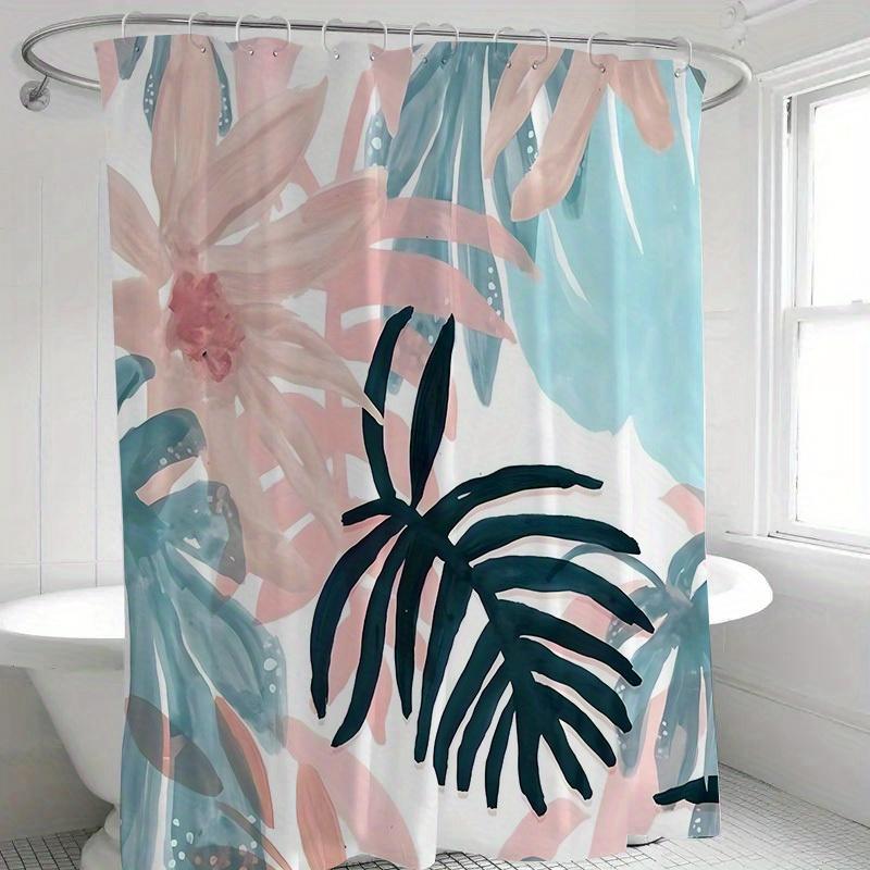 1pc Tropical Floral Pattern Shower Curtain, Polyester Fabric, Machine Washable, with Hooks, Suitable for Bathroom Décor.