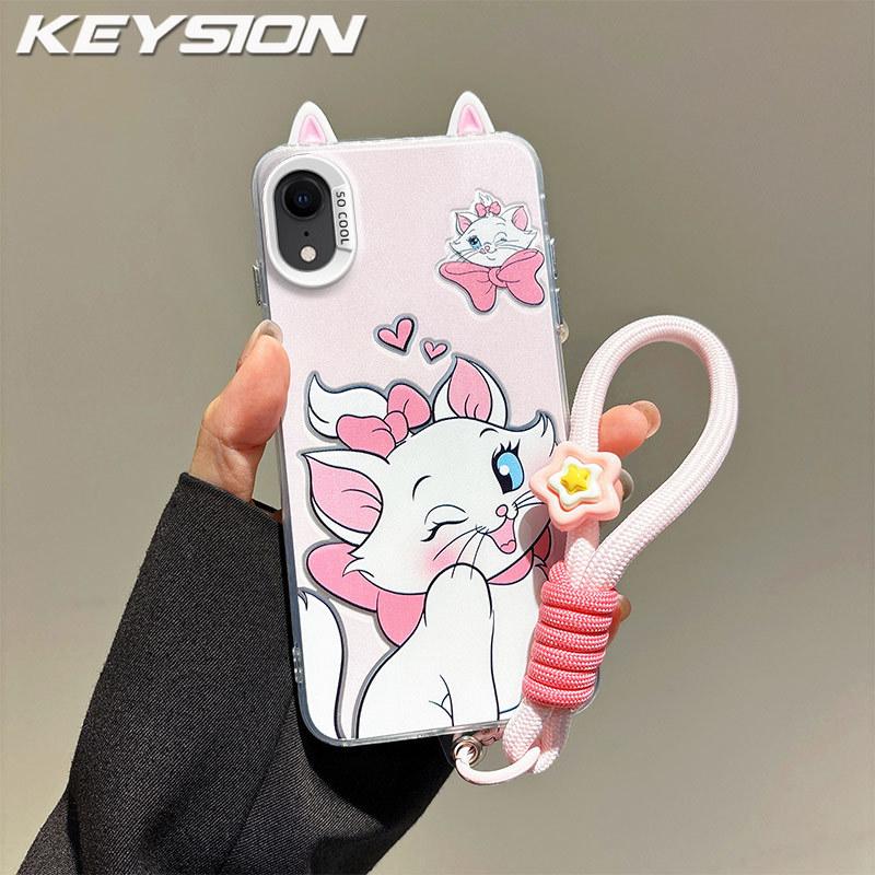 KEYSION Cute Ear Cartoon Case for iPhone XS Max X XS with Lanyard Soft Silicone+PC Shockproof Phone Back Cover for iPhone XR