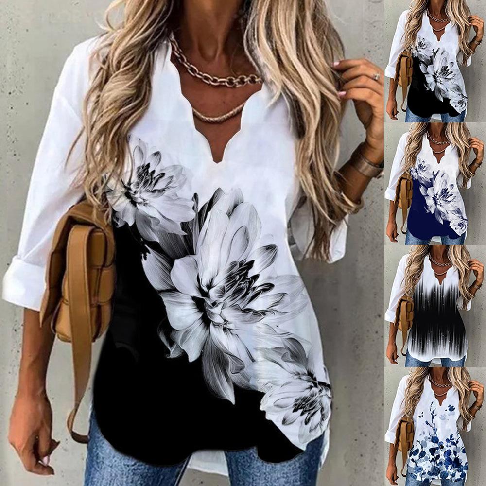 

S~5XL Plus Size Women Shirt European and American Women s Temperament New Wave Collar Shirt Printed Long-sleeved Women 5XL