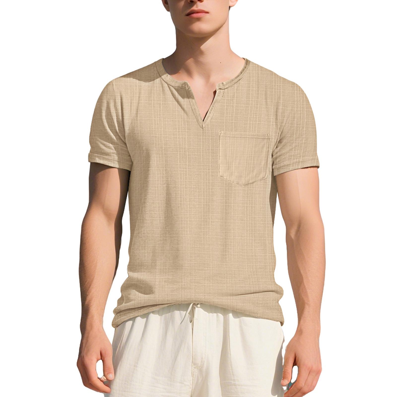 

Men s Short Sleeve Henley Shirt with Pocket Casual Lightweight Breathable Fabric Design for Daily Wear L хаки