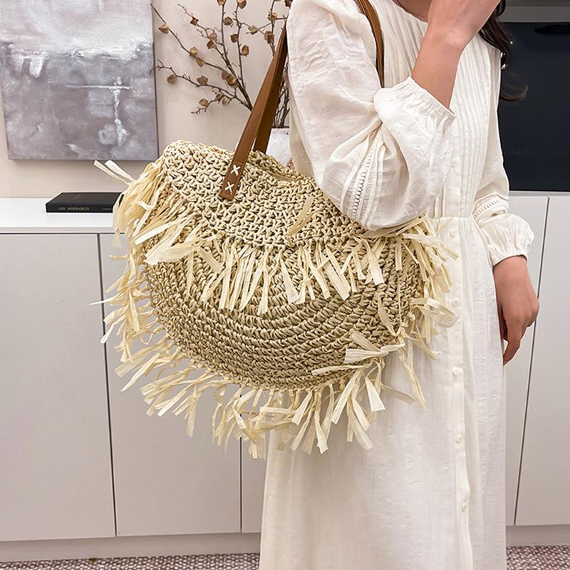 Geantă de umăr tricotată elegantă pentru femei cu ciucure, geantă împletită ajurată, rezistentă la uzură, țesută manual, geantă de plajă, genți shopper