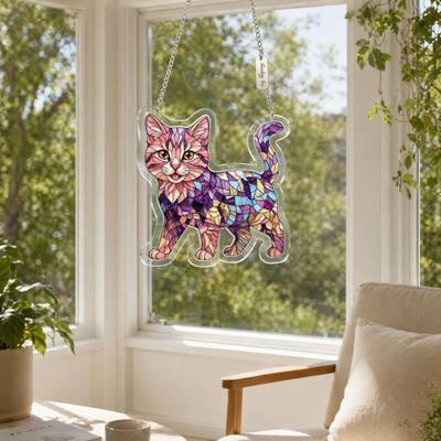Katzen-Buntglas-Stil Fensterdeko, Acryl-Anhänger mit Metallkette, Einfach aufzuhängen, Regenbogen-Mosaik Lichtfänger für Hauswand