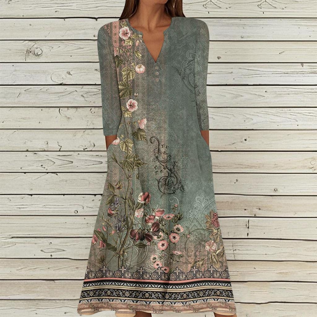 Women's Summer Casual V-Neck Button Vintage Floral Print Three-quarter Sleeve Long Dress With Pockets