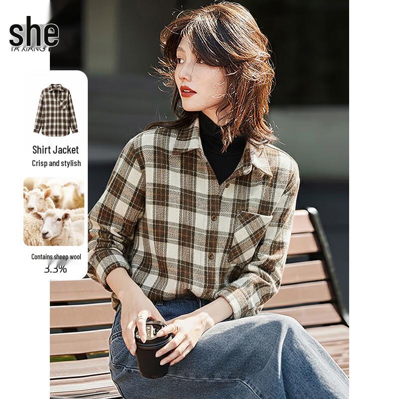 She Enjoy Brushed Plaid Long Sleeve Shirt M