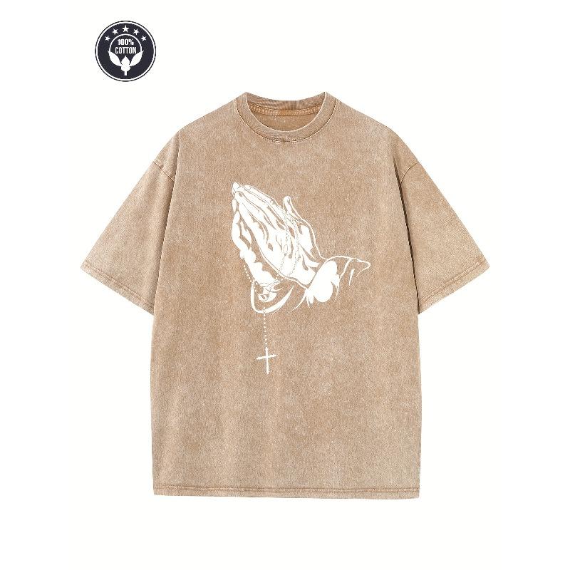 

Men s Heavyweight Cotton T-Shirt - Retro Streetwear Pray Graphic Print, Relaxed Fit Hip Hop Tee, Washed Vintage Casual Top, Everyday | Soft Tee 5XL дубильна кора