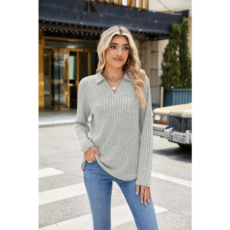 YYFS Women's Fashion Casual Spring Fall Solid Color Print Long Sleeve POLO Neck Blouses & Shirts