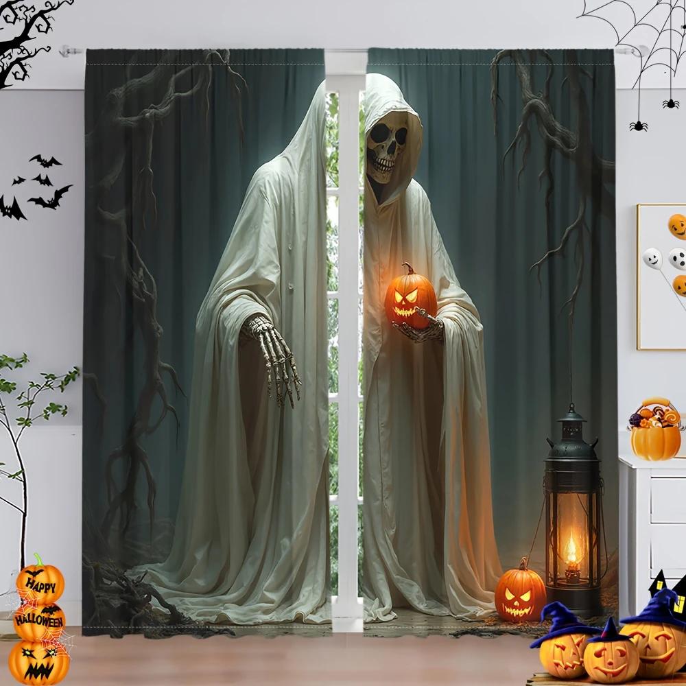 Halloween Skeleton Ghost Pocopied Flower Curtains Pole Bag Home Decorations Room Set Of 2 Made Polyester