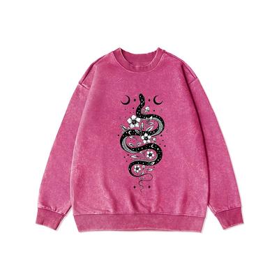 Moon And Snake Print Women Washed Thin Style Sweatshirt Loose Hoodie Autumn Casual Cotton Basic Tops