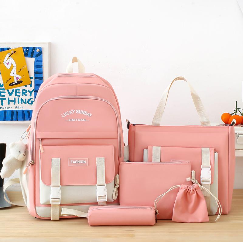 Simple Schoolbag Women's Lightweight Large-capacity Backpack, Primary School Junior High School Portable Make-up Backpack Five-piece Set
