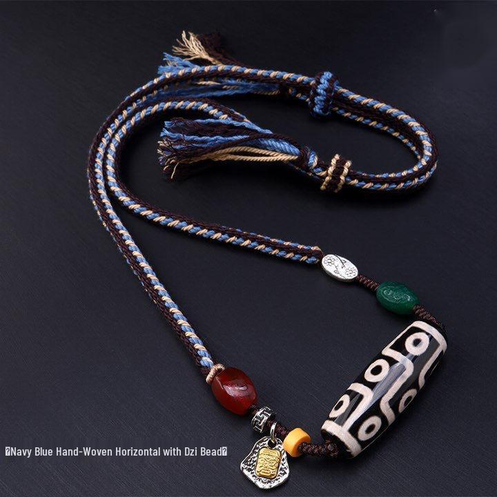 Handmade Tibetan Braided Rope Necklace with Dzi Bead, Adjustable Clavicle Chain Pendant