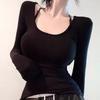 Spring Square Collar Long Sleeve Casual T-shirt Women Fashion Autumn Solid Base Women's T Shirt Tops Elegant High Elastic Slim Pullover Tee New 26011
