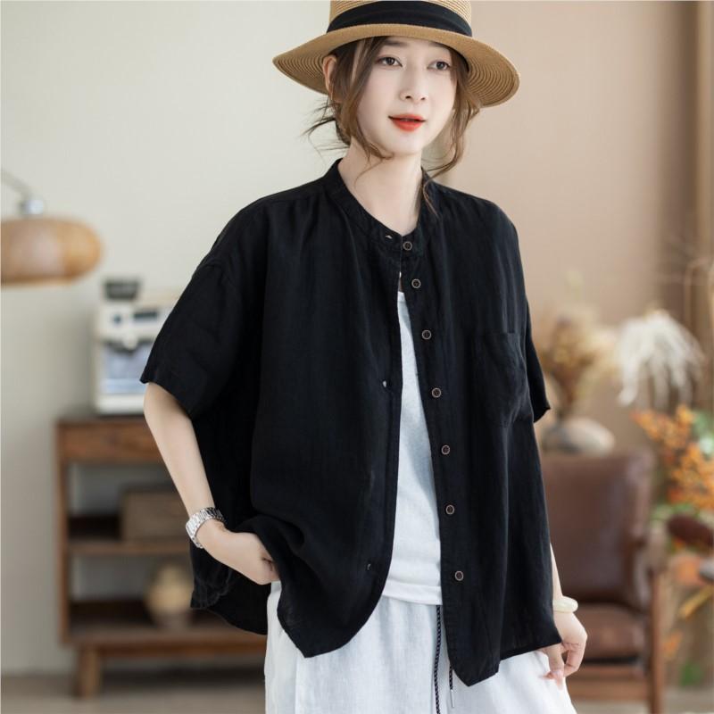 Johnature Women Vintage Shirts Tops Summer Chinese Style Solid Color Blouses Short Sleeve Pockets Female Shirts