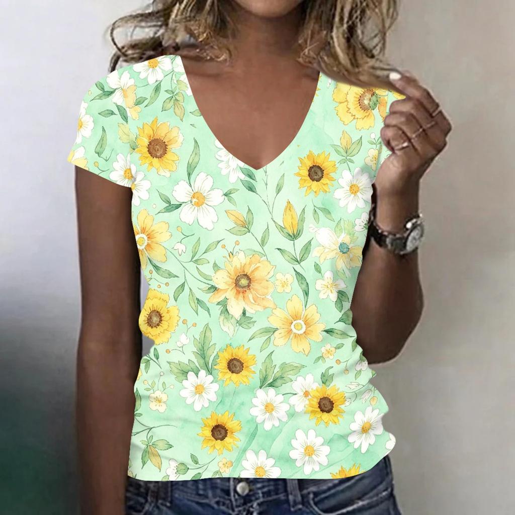 Women V Neck Short Sleeve Floral Print T Shirt Casual Loose Fit Lightweight Comfortable Top for Daily Wear