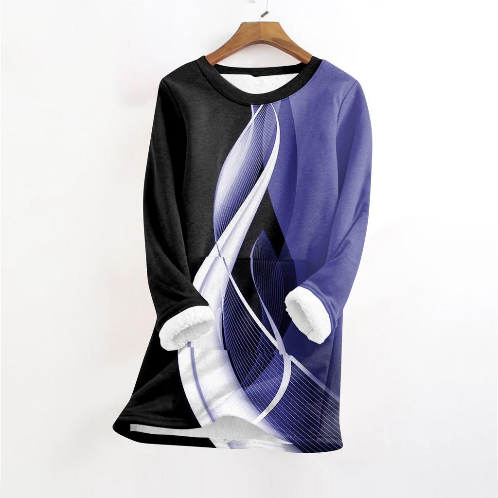 Women's Fashionable Printed Round Neck Long Sleeved Plush Warm Pullover Top