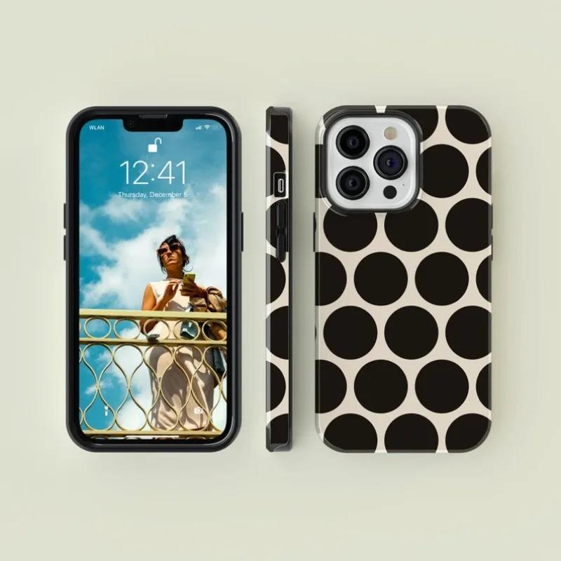 Luxury Clmj Polka-dotted Black Phone Case for iPhone 16 15 14 13 12 11 Pro Max Plus Magnetic Double-layer Back Cover