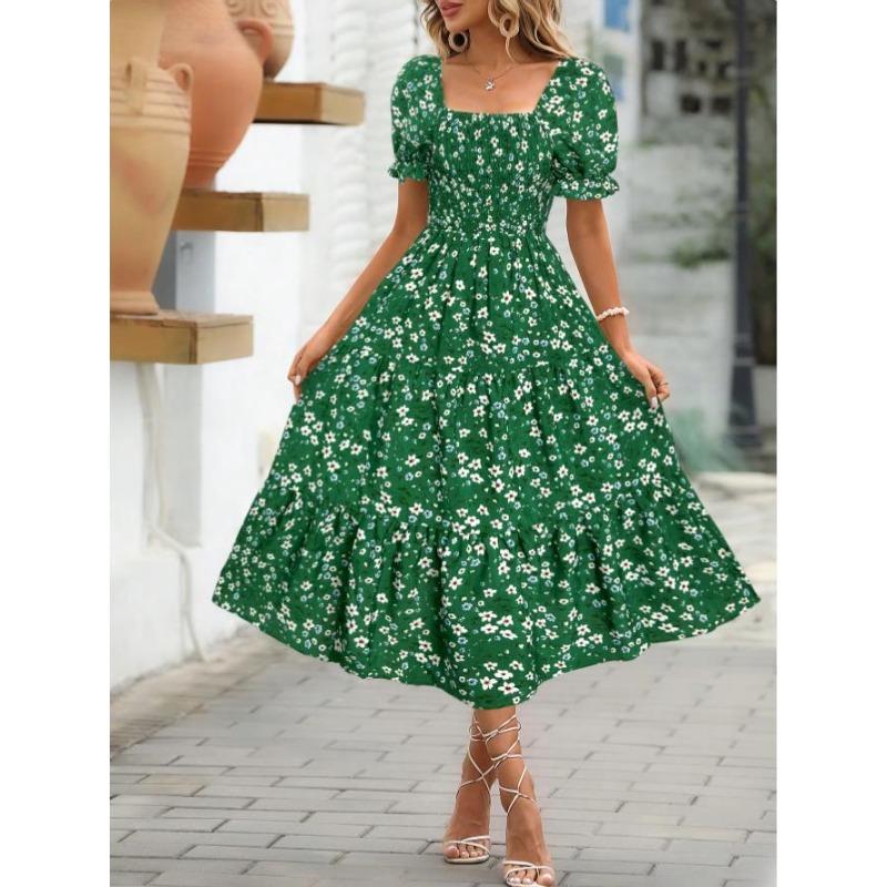 Women Dress Printed Square Collar Waist Puff Sleeve Layered Women's Dress Sweet Style Dress
