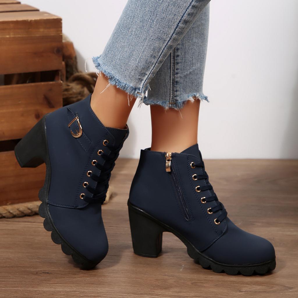 Scarpe da Donna Stivali con Tacco Alto Chunky Stivali in Pelle alla Moda con Tacco Chunky Stivali da Donna Traspiranti Stivali Rotondi Donna Zip