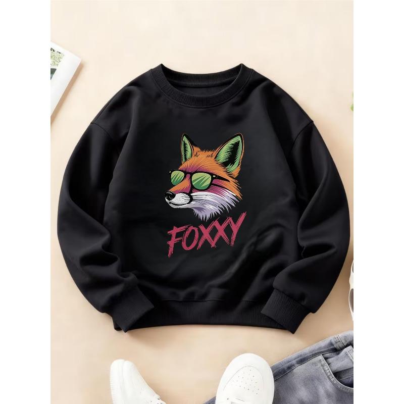 Kids Crewneck Long Sleeve Sweatshirt, Cool Trendy Glasses Fox FOXXY Pet Print 110 чёрный