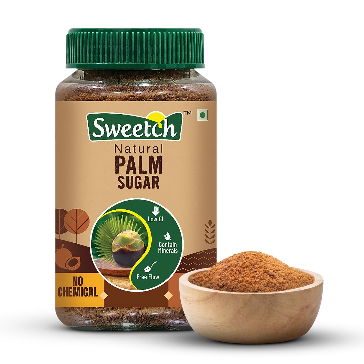 Sweetch Natural Palm Sugar 350 gm Jar Natural Healthy Replacement for Sugar, Contain Minerals, Low GI, No Chemical & Free Flow | For Baking & Coo
