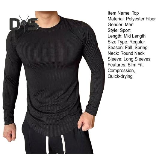 Men Sport Top Slim Fit High Elasticity Striped Texture Round Neck Quick-drying Long Sleeves Slim Fit Compression Figure Shaping Gym Running