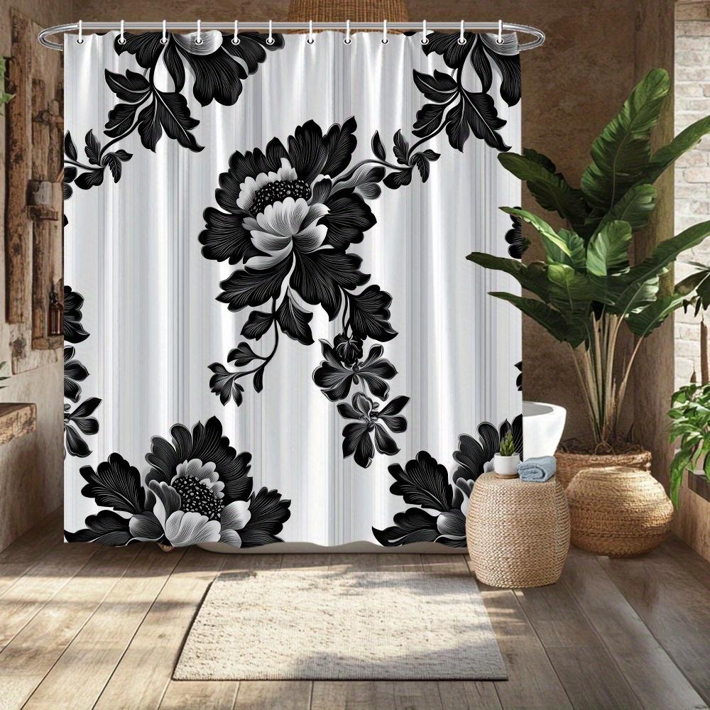 Czarno-biała zasłona prysznicowa z motywem peonii - Elegancka dekoracja łazienki z 12 haczykami