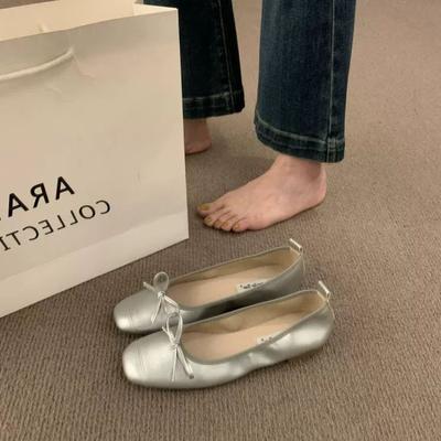 Fashion New Style Fashion Women's Ballet Flats Silver Slip On Leather Shoes Bowtie Boat Shoes Gold Soft Ladies Shoes Zapatos Mujer