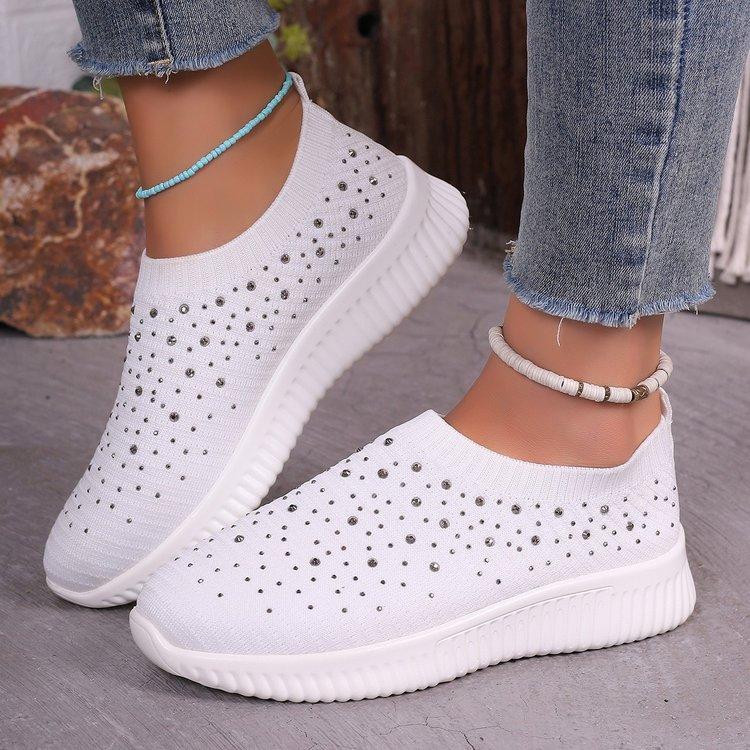 Large size mesh fly-woven casual shoes for women's spring and summer new diamond-encrusted breathable shoes for women