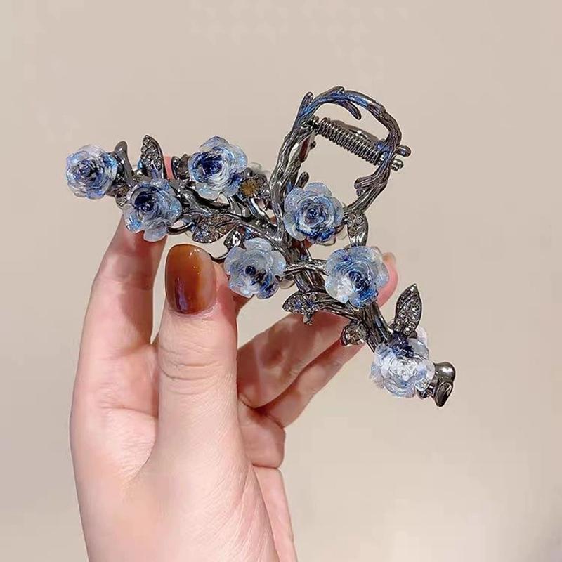 High-End Temperament Aerosol Blue Mountain Camellia Catch Clip Ladies' Hair Shark Clip Elegant Dress Hair Accessories