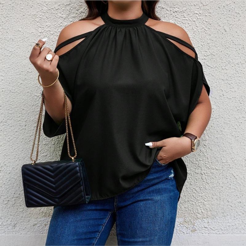 

Women Black Halter Neck Cold Shoulder Short Sleeve Casual Blouse XL чорний