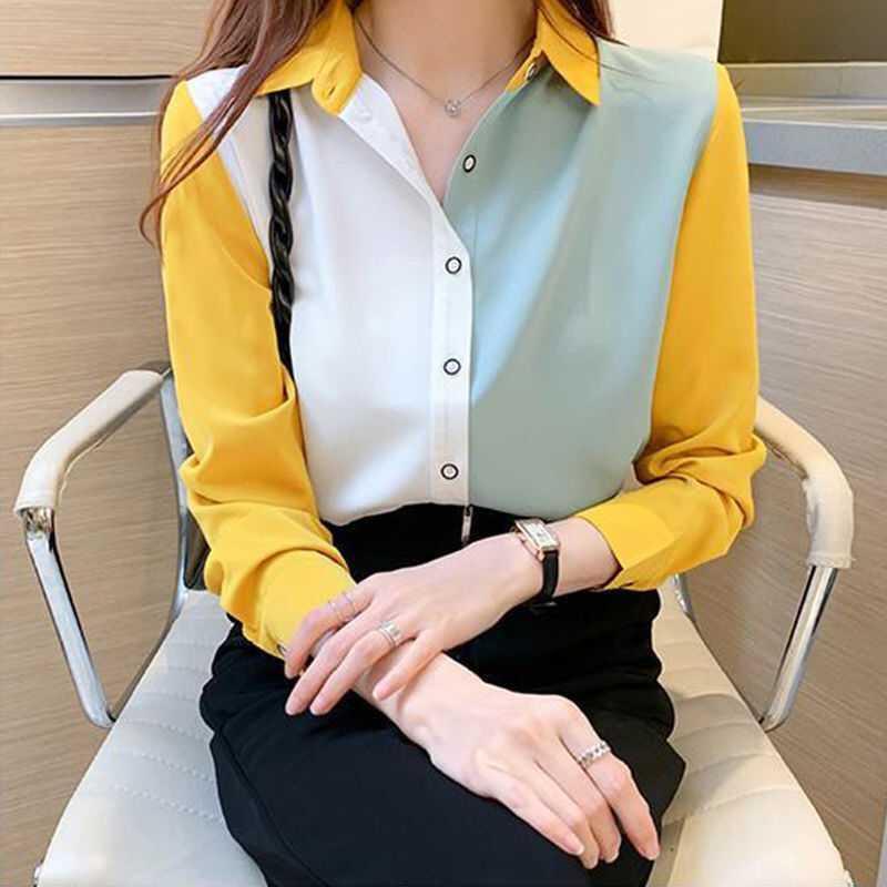 Korean Color-Block Long-Sleeve Chiffon Shirt for Women